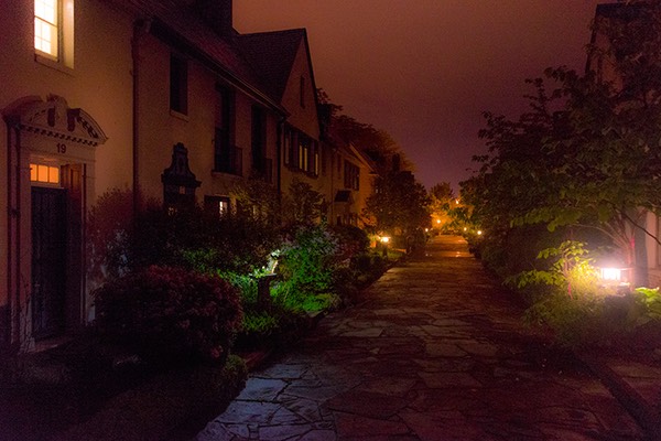 Mayfair Lane from above, glowing softly late in the evening with Buffalo's sky-glow beyond